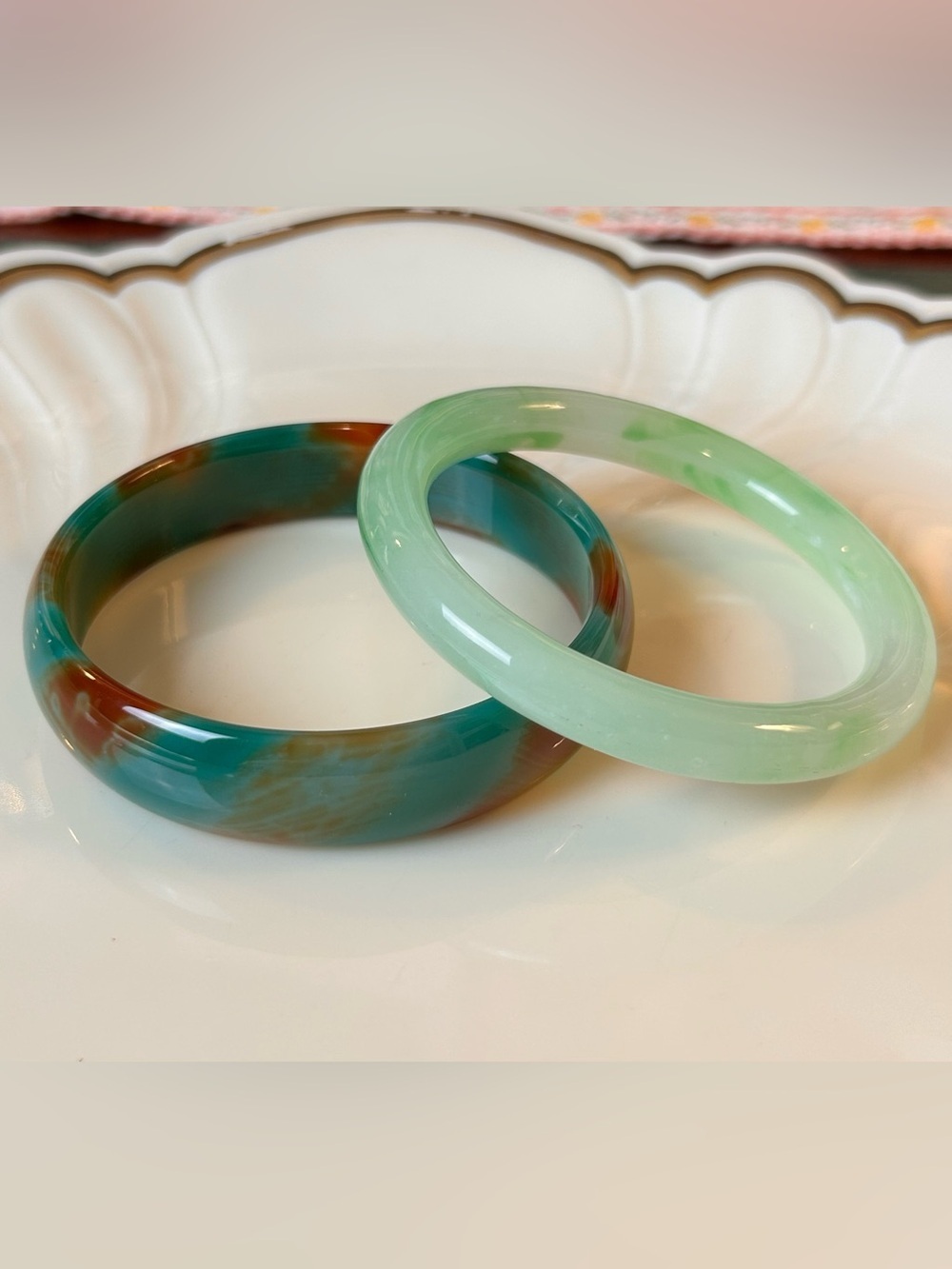 Set of 2 Green Stone Bangles Celadon & Teal Marbled Jade-Look Bracelets Elegant